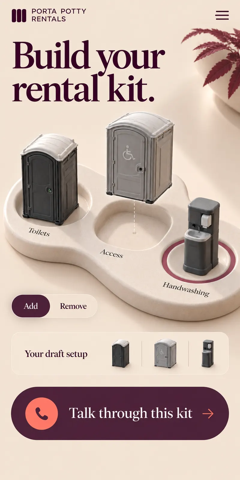 Portable toilet, accessible cabin and handwashing station arranged as a rental equipment kit